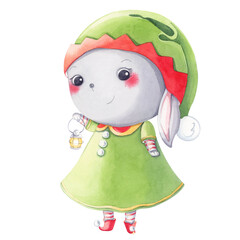 Cute bunny dressed as an elf. Watercolor character.