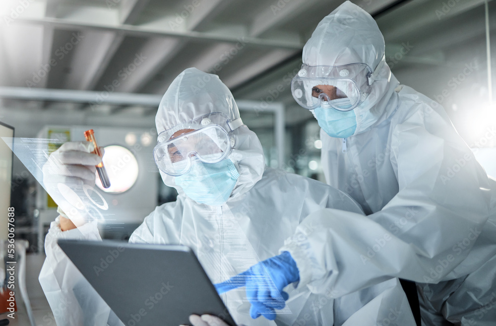Aufkleber blood, tablet and ppe scientist for covid vaccine results, test or analytics on medical digital soft