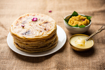 Puran poli, Puran roti, Holige, Obbattu, or Bobbattlu, is Indian sweet flatbread from Maharashtra