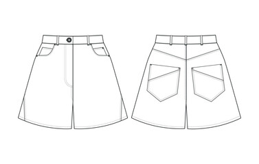 Fashion technical drawing of denim flared shorts