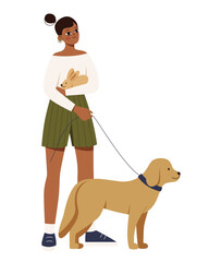 Woman standing and holding rabbit in his arms and dog on leash. Concept of love for pets. Design element.