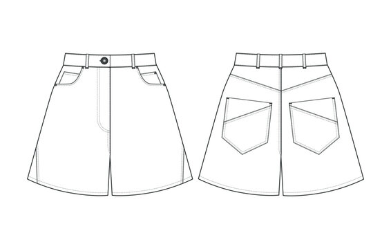 recommend clip art: Fashion technical drawing of denim flared shorts