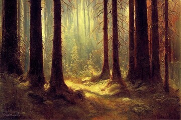 In a deep, dark forest. Larch tree forest scene. Forest larch trees background. Wilderness forest trees