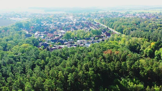 Aerial view of the village Velpke in the district Helmstedt near Wolfsburg in the north of Germany with single family houses and residential properties