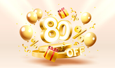 80 Off. Discount creative composition. 3d sale symbol with decorative objects, golden confetti, podium and gift box. Sale banner and poster. Vector