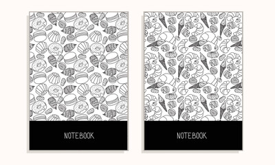 Set of cover for notebook with sweet design in doodle style black, white. Vector illustration.