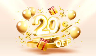 20 Off. Discount creative composition. 3d sale symbol with decorative objects, golden confetti, podium and gift box. Sale banner and poster. Vector