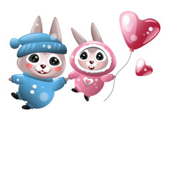 Cute Rabbits fly with balloon. Vector Illustration on a white background