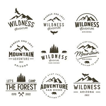 Mountain travel emblems set. Camping outdoor adventure emblems, badges and logo patches. Mountain tourism, hiking. Forest camp labels in vintage style. Vintage Outdoor camp and Mountain Logo Badges.
