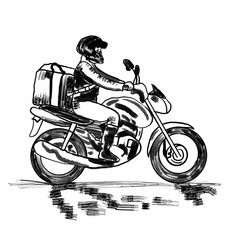 Hand drawn illustration of food delivery courier on motorcycle. Black line monochrome design in ink inking shape silhouette outline, minimalist drawing sketch.