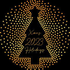 Vector halftone round frame, Christmas tree shape, lettering, gold gradient, design elements, random dots. Texture, trendy retro effect, decorative sign, circles, New Year, snow, ornament style, text.