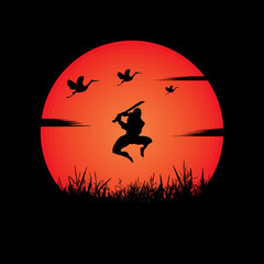 Ninja, Assassin, Samurai training at night on a full moon