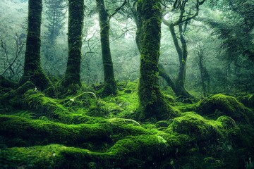 The moss on the trees in the woods at Geres, Portuguese National Park - obrazy, fototapety, plakaty