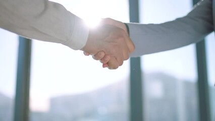 Handshake, partnership and trust in support, teamwork or deal together against a blurred background. Business people shaking hands in agreement, success and help in company b2b or meeting welcome