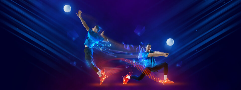 Flyer With Male Volleyball Players Playing Volleyball On Dark Blue Background With Neon Polygonal Elements. Sport, Team, Competition