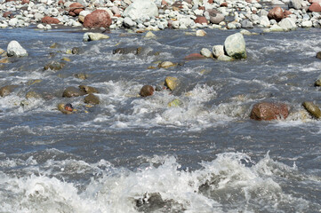 White water of the  mountain stream in summer time. Torrent waves, white and brown stones on the bank