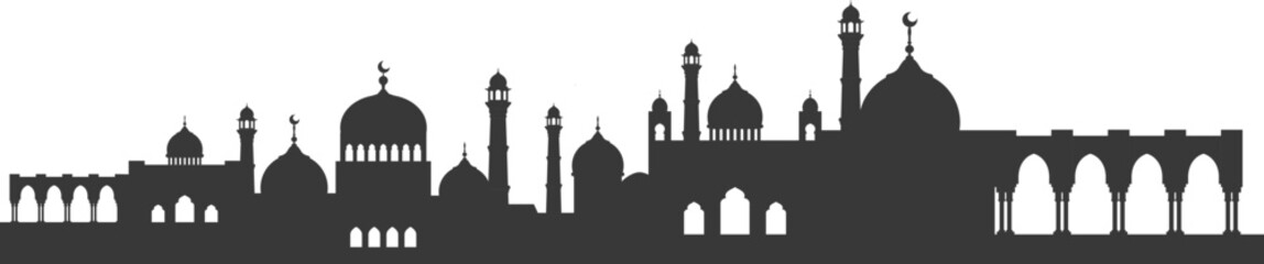 Muslim monochrome cityscape black silhouette banner vector flat mosque minaret tower skyline