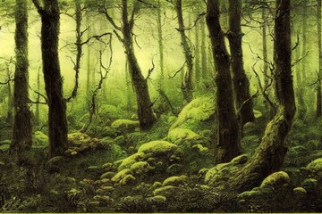 Fototapeta premium Mossy ground in a pine forest. In the woods