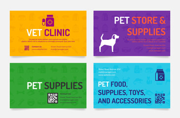 Pet store business card set vector illustration. Vet service shop supplies for domestic animal