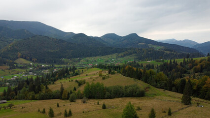 Panorama of the beautiful mountains. Village in the valley.