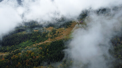 Panorama of forest covered by low clouds. Autumn rain and fog on the mountain hills. Misty fall woodland.
