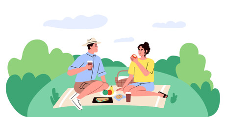 Man and woman on a picnic in the park, having meal. Romantic date, talking.  Girlfriend and boyfriend. Eating outside. Flat vector illustration.