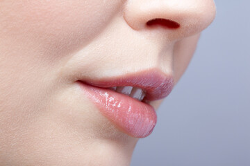 Obraz premium Human mouth and nose. Closeup macro portrait of female part of face. Woman lips with day beauty makeup.