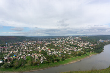 Beautiful view of Zalishchyky city located on the Dniester river in Ternopil region, Ukraine