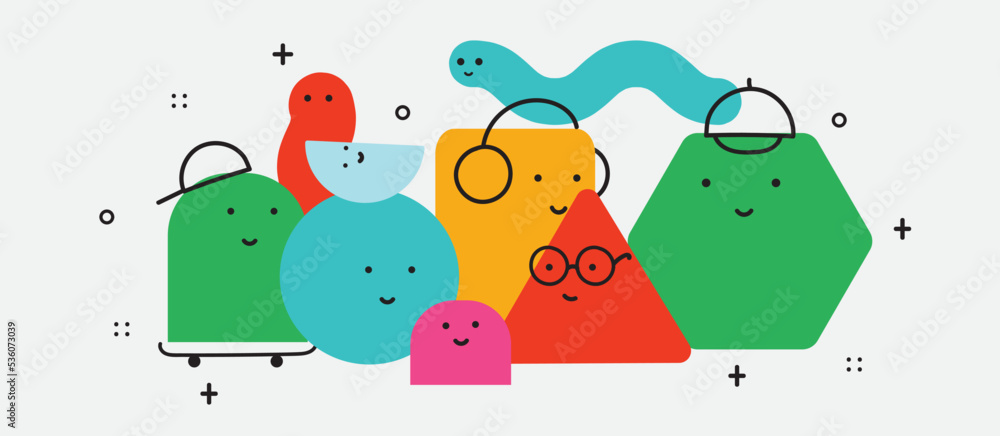 Wall mural vector illustration of geometric character shapes with face emotions, cute colorful shape for childr