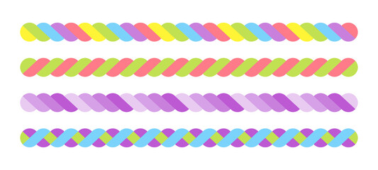 Set of border graphic lines in the shape of colorful ropes or twisted twists as they intersect.