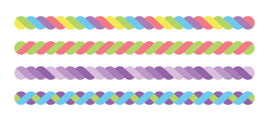 Set of border graphic lines in the shape of colorful ropes or twisted twists as they intersect.