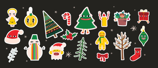 Christmas sticker icon set. Vintage christmas and Happy 2023 New Year elements. Vector illustration, Holiday poster with Christmas symbols.