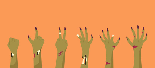 zombie counting hands one to five numbers rising out from the graveyard, banner of Halloween scary grave bloody and bones arms monster and undead, isolated vector flat illustration
