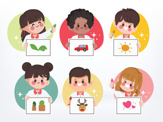 Cute cartoon student show art drawing. Graphic resource education in classroom.