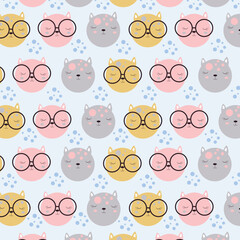 Seamless pattern with cute cat head with soft color combination