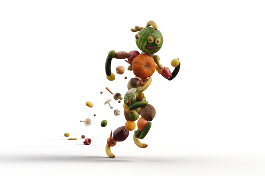 Concept 3D visualization of a running person made of fruits and vegetables on isolated background
