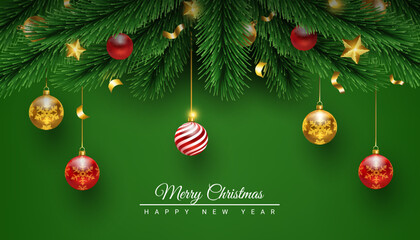 Naklejka premium merry christmas and happy new year with ornament on green background