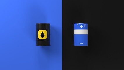 Oil barrel and lithium battery 3d illustration. Blue li-ion battery and black color oil barrel 3d rendering.

