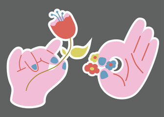 isolated image of human hands with various gestures holding flowers