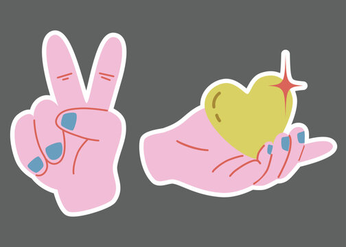 isolated image of human hands with various gestures holding heart and  sign of peace