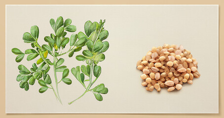 Methi (Fenugreek). Botanical illustration on white paper. The best medicinal plants, their effects and contraindications. Natural medicine. Plant properties