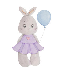 Watercolor illustration of a cute Bunny girl who stands in a purple dress and holds a balloon behind her back. Suitable for festive decoration