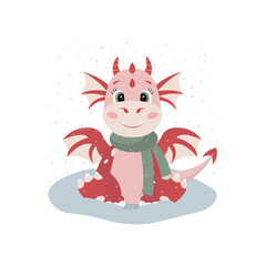 Red dragon wearing a scarf and sitting in snow. Cute cartoon character in flat style. Seasonal illustration on white background.