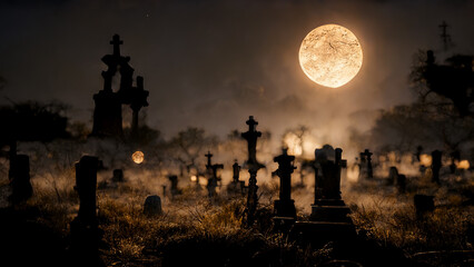 Horror cemetery at night.Digital art - Powered by Adobe
