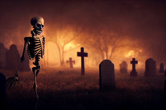 A skeleton moving through a misty graveyard in the evening. Spooky concept.Digital art