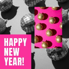 Square image of happy new year and disco balls on pink background