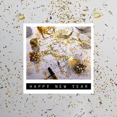 Square image of photo with happy new year and confetti on white background
