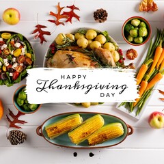 Composition of happy thanksgiving day text over dinner