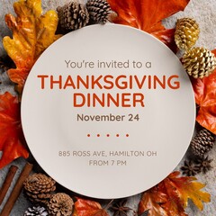 Composition of thanksgiving dinner text over leaves and pine cones