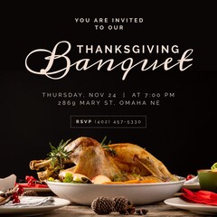 Composition of thanksgiving banquet text over dinner